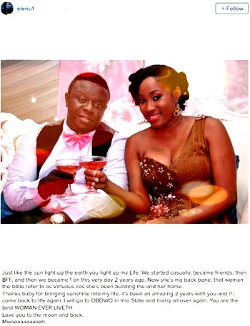 2nd Wedding Anniversary: Top comedian, Elenu hails wife