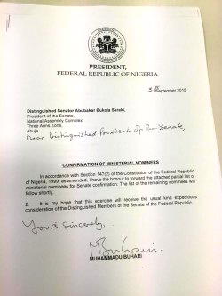 Ministerial Nominees: Copy of Buhari’s letter to Saraki