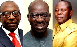 Let’s work together, Obaseki embraces Oshiomhole, Ize-Iyamu