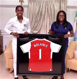 Photo: Oshoala gives Ambode’s wife Arsenal Football Club jersey