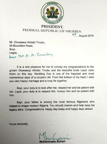 Buhari congratulates Tinubu’s son on wedding occasion