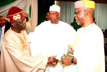 Tinubu meets Oyegun at book presentation on Buhari