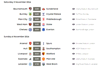 EPL week 11 fixtures