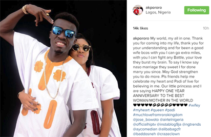 Akpororo celebrates marriage anniversary