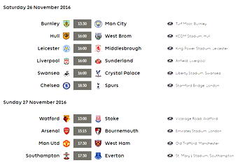 EPL week 13 fixtures