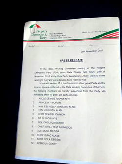 Ondo PDP suspends 22 members for anti-party activities