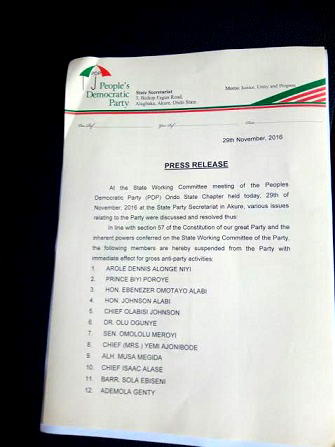 Ondo PDP suspends 22 members for anti-party activities