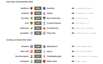 EPL week 15 fixtures