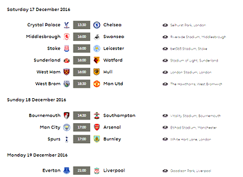 #PremierLeague : Week 17 fixtures