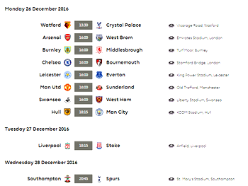 Premier League: Week 18 fixtures