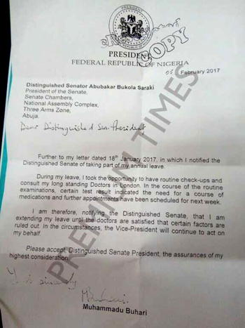 Read Buhari’s letter to Senate stating reasons for extension of medical vacation