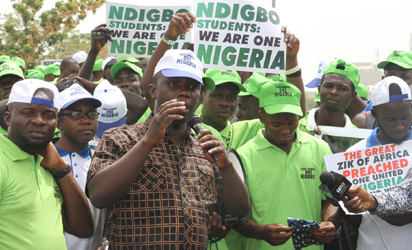 Photos: Igbo students protest at Presidential Villa, Abuja