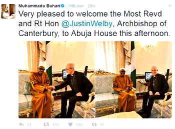 Breaking: Buhari welcomes Archbishop of Canterbury Justin Welby in London