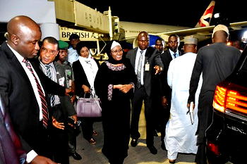 Breaking: First Lady Aisha returns with words from Buhari in London