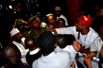 Breaking: (Photos) Angry students storm NASS, protest non-recognition of President Obasi