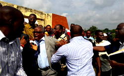Photo: OAU staff barricade court exit, stop move to take ex Acting VC to prison