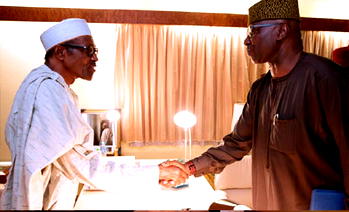 Photos: Buhari receives new SGF, Boss Mustapha as he resumes duty