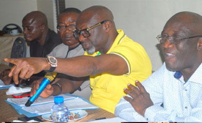 R-L: Joseph Ogbebor, General Secretary, Nigeria Union of Pretroleum and Natural Gas Workers, NUPENG; Igwe Achese, President, NUPENG; Asuquo Okon Deputy President, NUPENG and Bala Mohammed National Auditor of NUPENG, briefing after the Union's NEC meeting in Port Harcourt, Photo: Nwankpa Chijioke