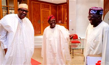 Photos: Buhari, Asiwaju Bola Ahmed Tinubu, Chief Bisi Akande at the  State House