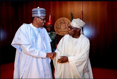 President Buhari exchanges pleasantries with former President Obasanjo, ahead of the National Council of State Meeting at the State House,