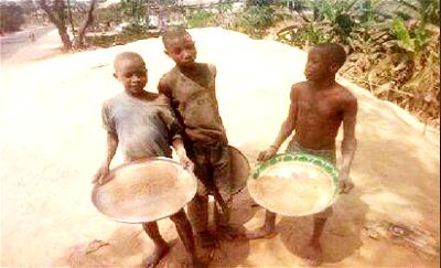 Needy C-River school kids risk infection sieving rice chaff