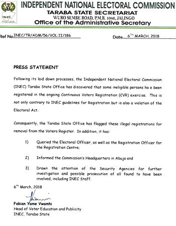 INEC uncovers registration of ineligible persons in Taraba