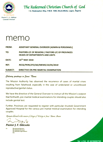 What is your take on RCCG’s alleged memo on pre-marital medical test?
