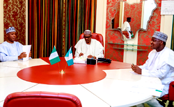 Photos: President Buhari, Saraki, Dogara meet in Abuja
