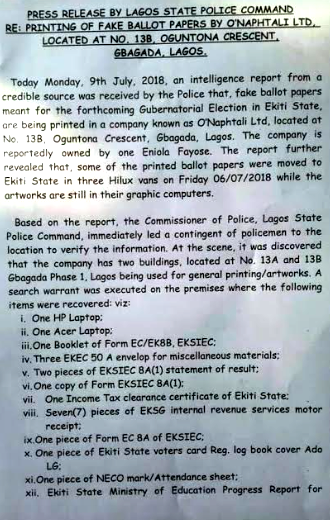 Police raid Lagos company ‘printing ballot papers for Ekiti guber poll’