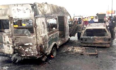 No fewer than 24 passengers, yesterday, escaped being roasted alive, when fire gutted these two vehicles on Third Mainland Bridge.