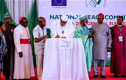 Photos: Buhari, Oshiomole, Kukah, Dangote, others during signing of Peace Accord