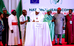 Photos: Buhari, Oshiomole, Kukah, Dangote, others during signing of Peace Accord