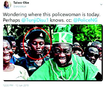 June 12: Search for Policewoman, 011220 behind Abiola in photo intensifies