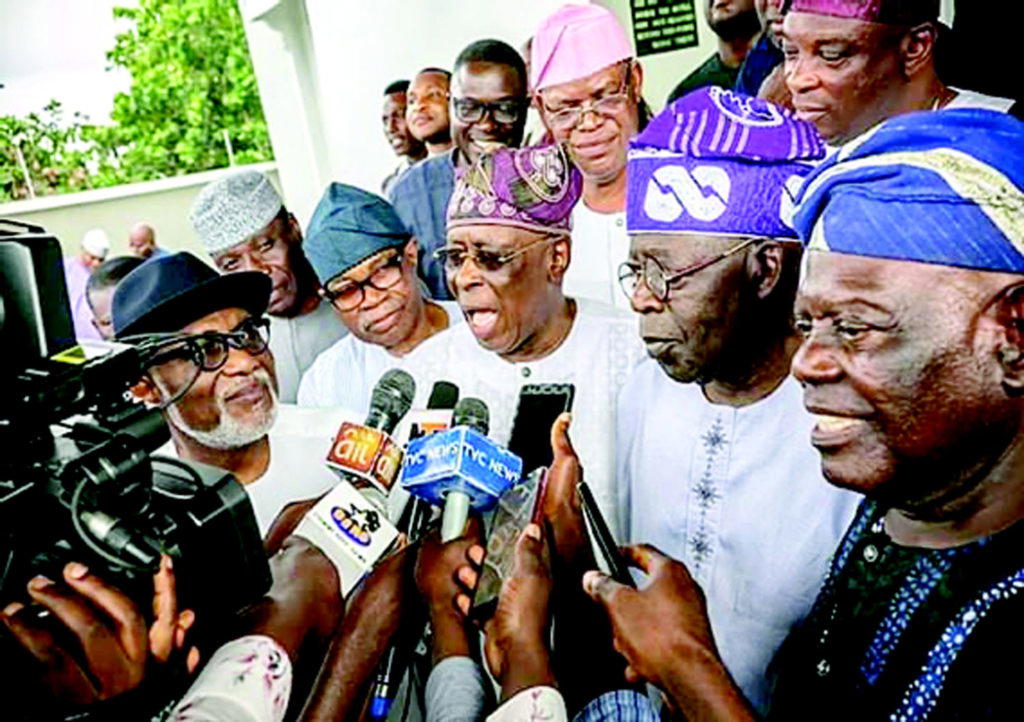 Asiwaju Bola Tinubu, Chief Segun Osoba, Chief Bisi Akande, Chief Pius Akinyelure, Gov Rotimi Akeredolu after the reconciliation meeting in Akure.