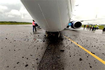 Photos: Air Peace flight loses tyre while landing in Lagos Airport