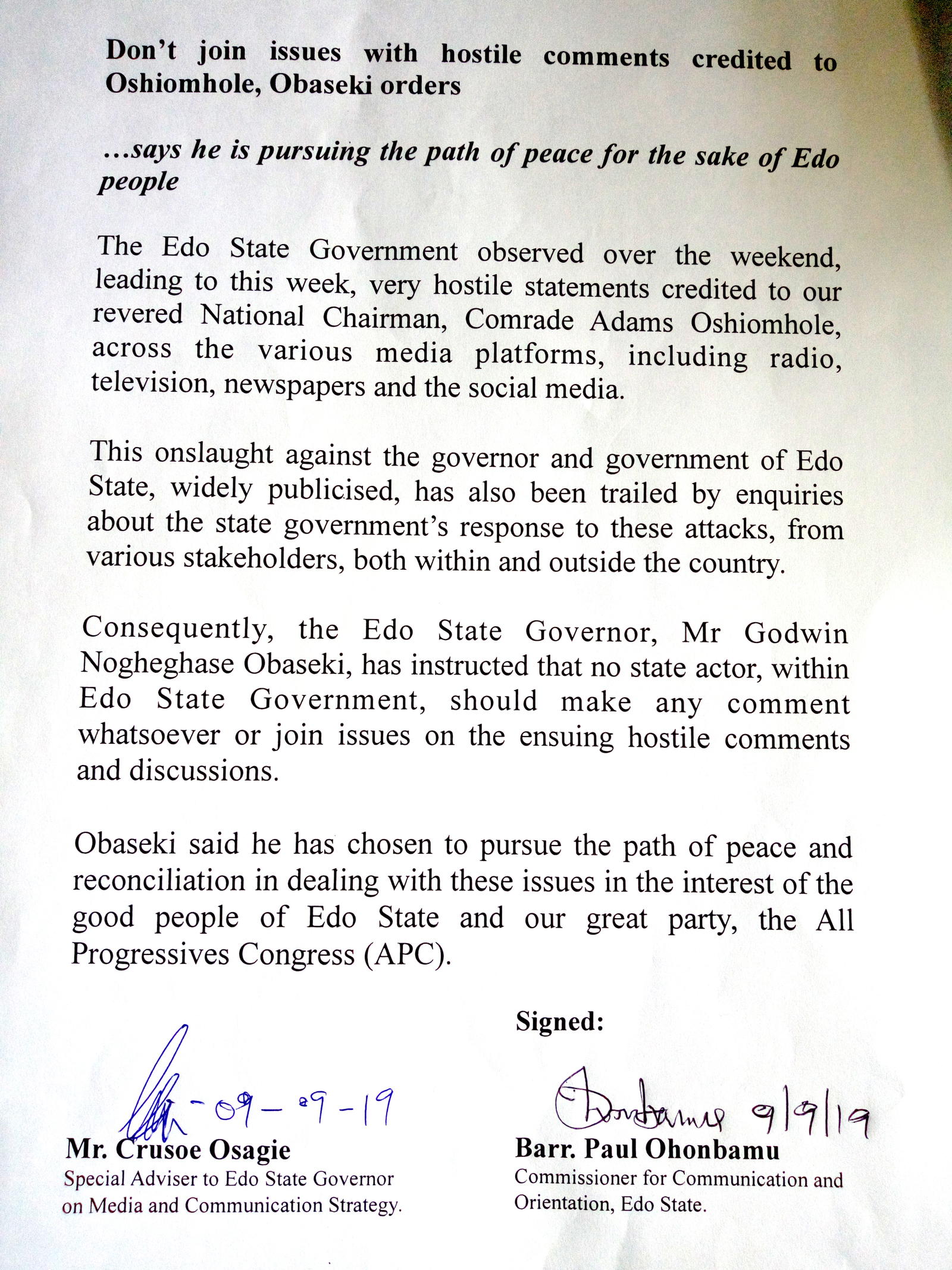Obaseki, Oshiomhole, Edo