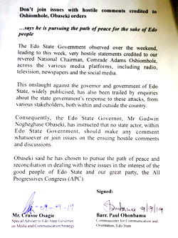 Don’t join issues with Oshiomhole, Obaseki warns Edo govt officials