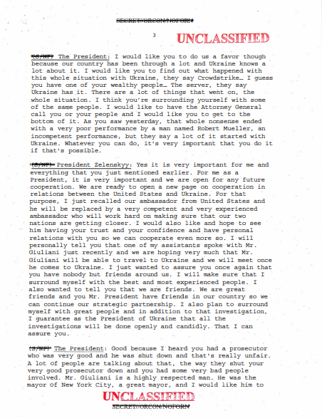 Unclassified: Full transcript of Trump's call to Ukraine president ...