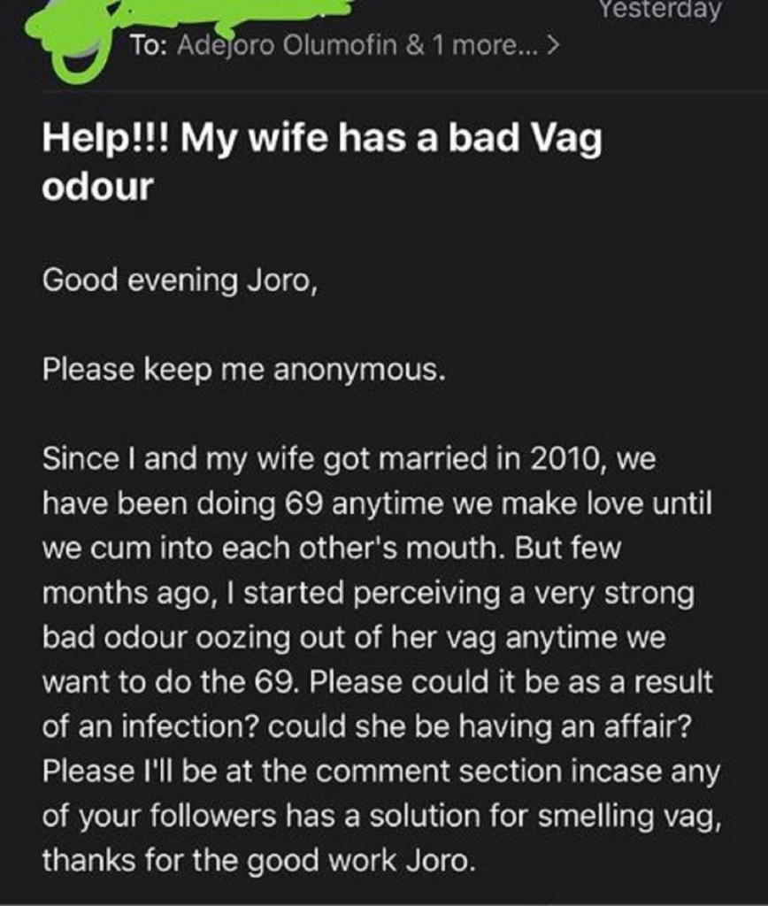 Help! My wifes vagina has odour, man laments picture image image