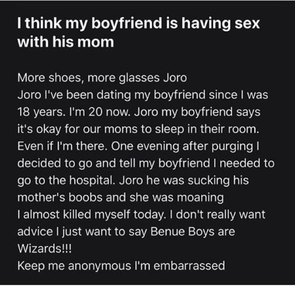 I think my boyfriend is having sex with his mom ― Girlfriend pic image