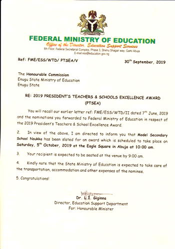 Model secondary school Nsukka emerges FG’s 2019 educational award winner