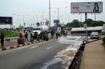 PHOTOS: Fallen fuel tanker spills content along MM2 Road as gridlock builds