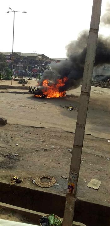 OkadaBan: Protesters burn LASTMA vehicle to ashes in Lagos (Video)