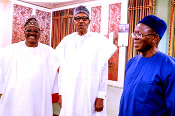 Photos: President Buhari receives Oshiomhole, Ajimobi in State House