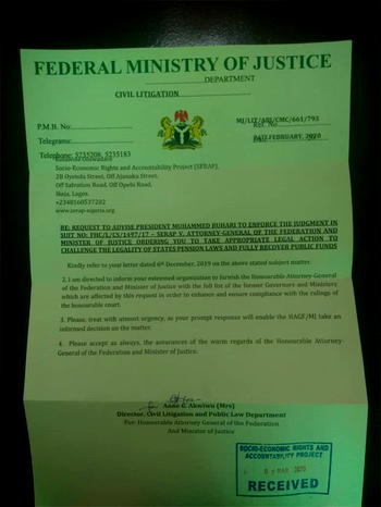 FG writes SERAP, demands list of ex-governors, ministers collecting double pay, life pensions