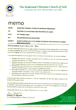 Coronavirus: RCCG amends its worship schedule