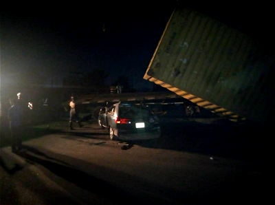 Fallen container laden truck kills one in multiple auto-crash in Lagos