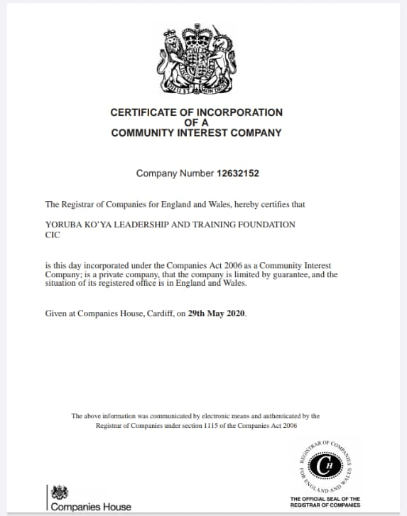 Yoruba Ko'ya gets Certificate of Incorporation in the UK