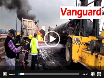 VIDEO: Lagos Fire Service quenching tanker fire along Lagos-Ibadan expressway