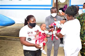 NAF airlifts erstwhile conjoined twins back to Yenagoa after separation surgery at FMC, Yola
